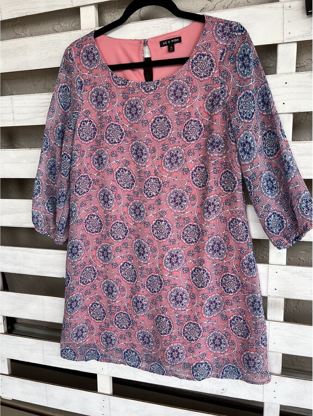 As U Wish Women M Pink Blue Floral 3/4 sheer Elastic sleeve Casual Dress.
